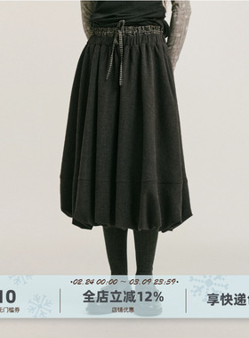 yawhat深灰色呢子花苞裙双腰头拼接松紧腰半身裙时髦蓬蓬中长裙