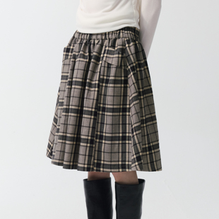 yawhat复古风呢子格纹松紧腰插袋抽褶半裙A字蓬蓬裙宽松秋冬女