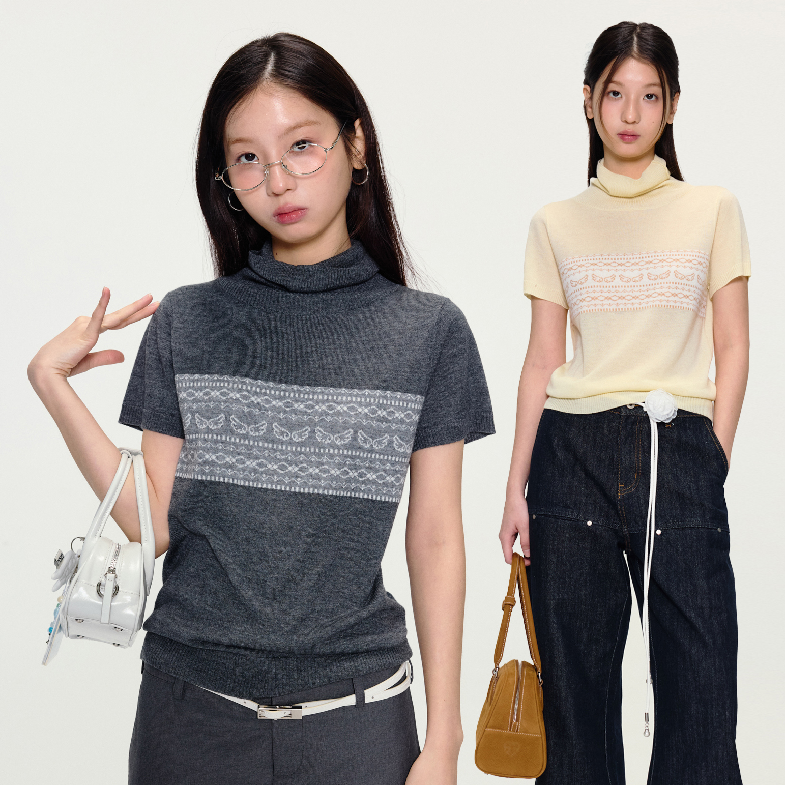 yawhat费尔岛提花羊毛混纺针织衫堆堆领薄款短袖亲肤甜美气质上衣