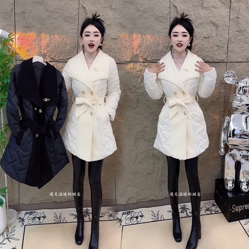 2025秋冬季新款韩版棉服外套女时尚修身收腰显瘦洋气毛呢拼接棉衣