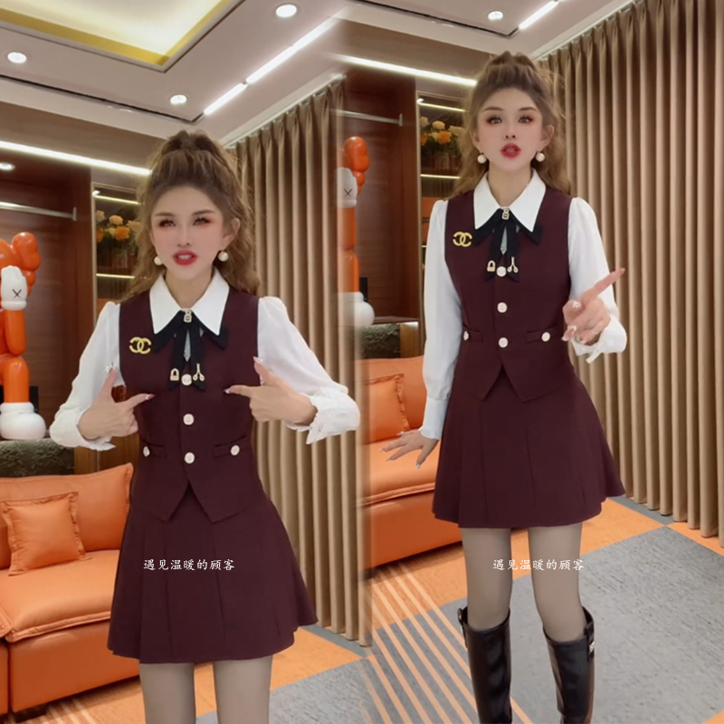时尚套装女2025春秋季新款韩版洋气学院风短款马甲衬衫短裙三件套