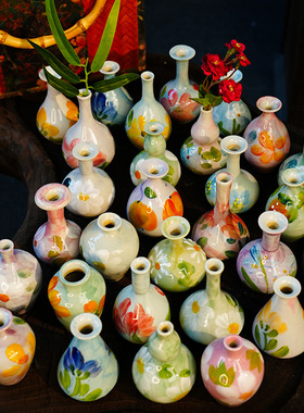 油画风手绘陶瓷小摆件景德镇陶艺花瓶家居茶具干花装饰品迷你花器