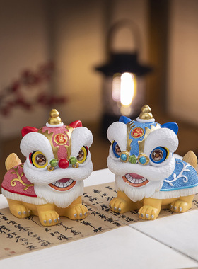 国潮佛山舞狮醒狮创意摆件高级感小众桌面茶桌装饰工艺品生日礼物