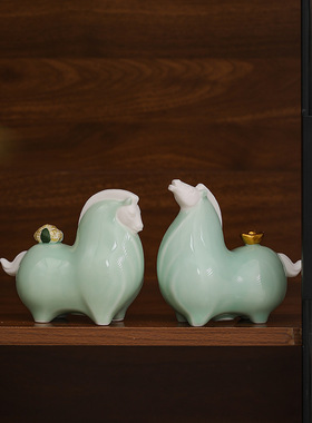 马上发财创意陶瓷生肖小唐马茶宠摆件茶室茶桌茶台装饰吉祥物礼品