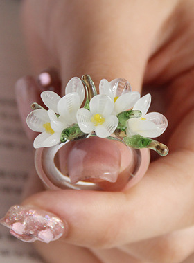 淄博琉璃花朵蝴蝶戒指原创设计玻璃桂花梨花手工小众饰品拍照