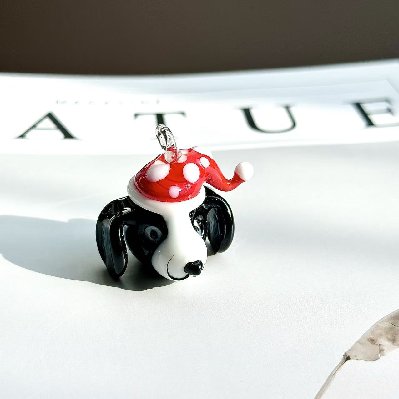 圣诞限定款手工琉璃戴帽黑白小狗玻璃个性吊坠手工萌宠项链挂件