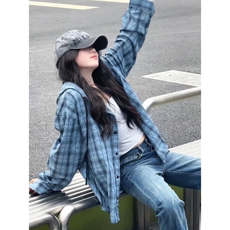 蓝色格子防晒衬衫女款夏季氛围感慵懒风连帽外套薄款情侣休闲衬衣