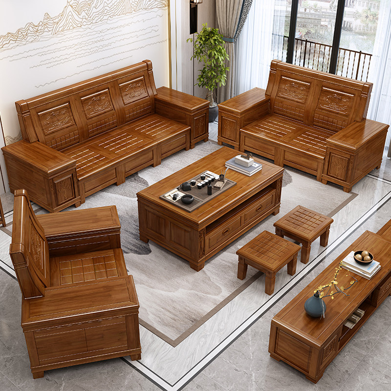 香樟木沙客厅发组合全实木家具转角贵妃新中式冬夏两用储物木沙发