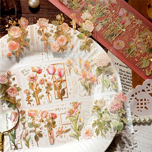 PET立体镭射金平张手帐贴纸防水伊顿花园复古玫瑰手帐素材贴画diy