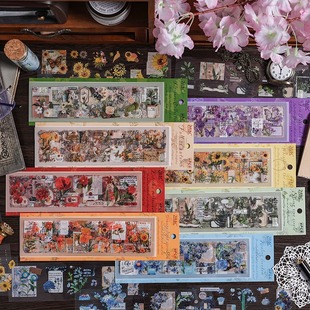 复古植物花卉盆栽图案PET手帐贴纸拼贴装 饰手账diy手机壳咕卡贴画