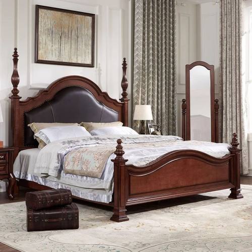 美式复古主卧轻奢真皮软包网红双人床欧式罗马柱桃花芯木实木婚床
