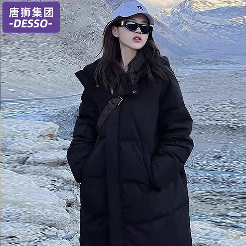 唐狮集团DESSO羽绒服女冬季2025新款加厚中长款情侣连帽黑色外套