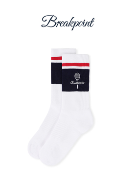 Breakpoint白色藏青拼色袜子网球运动中筒吸汗长袜莱卡手工缝头