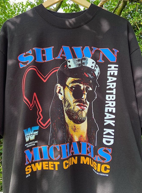 WWE心碎小子复古撞色街头vintage古着重机车风宽松重磅棉短袖T恤