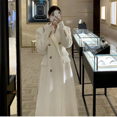 白色新款超长款毛呢大衣女