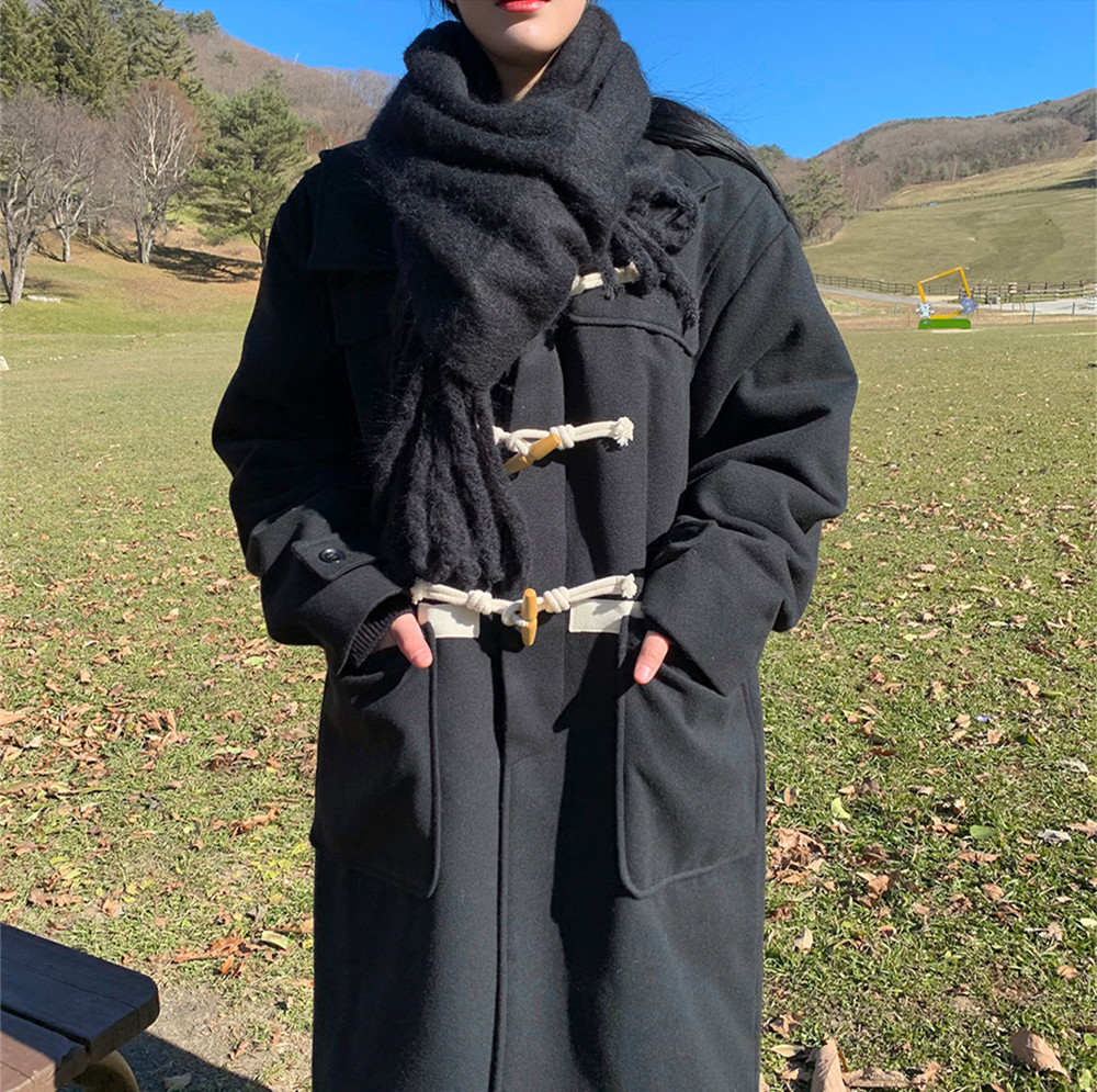 黑色牛角扣冬季新款韩版毛呢外套女超长款连帽宽松加厚高级感大衣
