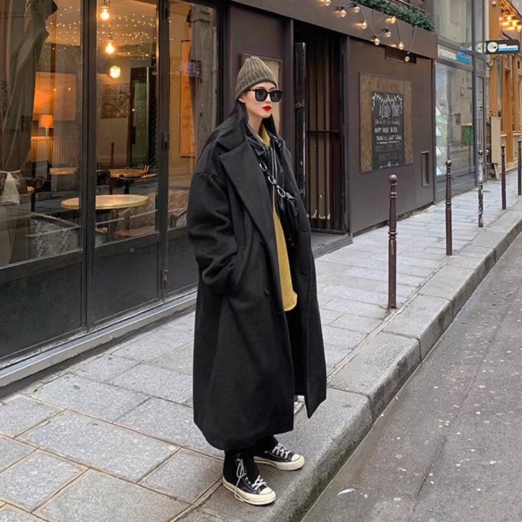 冬季新款加厚毛呢外套女韩版超长款到脚踝赫本风落肩廓形显瘦大衣