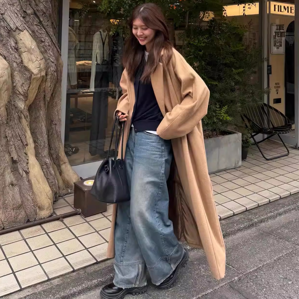 驼色冬季新款韩版毛呢外套女超长款加厚宽松赫本风流行高级感大衣