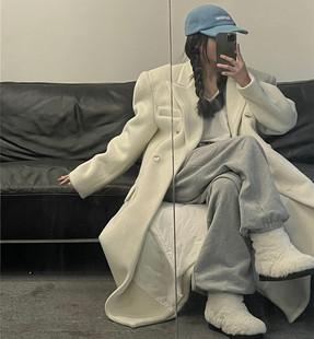 新款赫本风加厚中长款到脚踝韩国加厚毛呢大衣女白色妮子外套高级