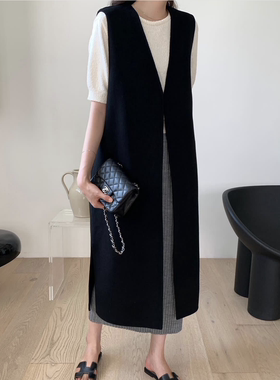 春秋新款韩版宽松显瘦毛呢马甲复古气质高级长款过膝马夹外套女潮