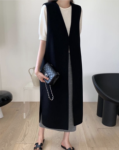 春秋新款韩版宽松显瘦毛呢马甲复古气质高级长款过膝马夹外套女潮