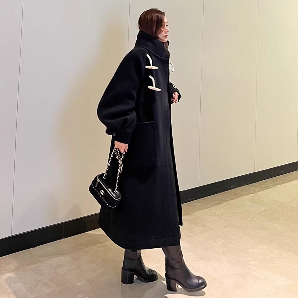 黑色牛角扣冬季新款韩版毛呢外套女超长款过膝宽松加厚高级感大衣