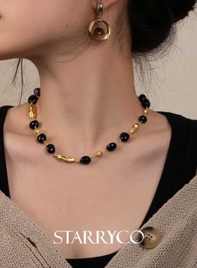 镀金超混搭女蓝虎眼石锁骨链项链