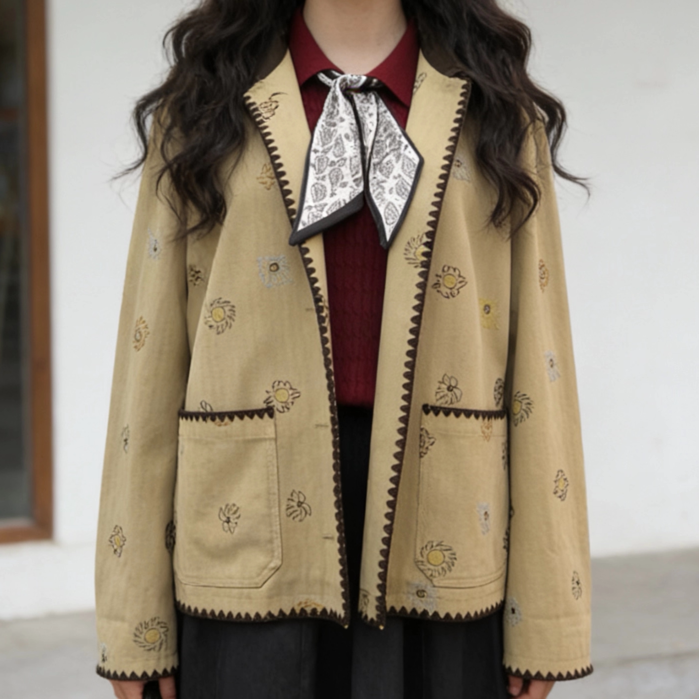 米咖色翻领外套女重工线条刺绣开衫春秋通勤有内衬小外披复古显瘦