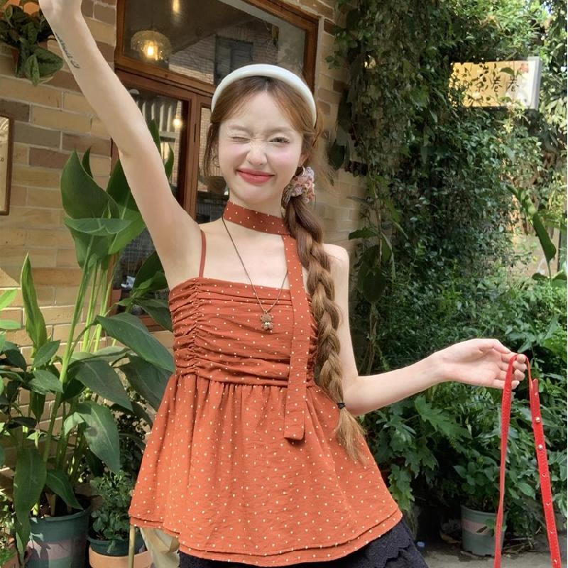 夏日绝美波点小吊带背心女2025新款夏外穿小个子无袖露背挂脖上衣