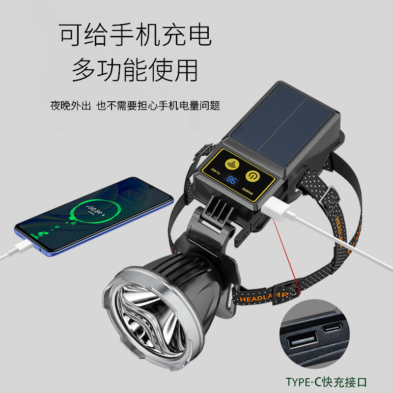 新款头灯户外太阳能头灯高亮头戴式照明灯高亮P100灯芯夜钓灯