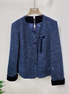 H56026轻奢风亮丝圆领修身外套藏蓝色时尚妈妈2025秋新款百搭上衣