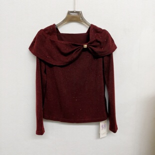 艾2026A01韩味气质一字肩蝴蝶结亮片针织衫 女酒红色减龄百搭上衣