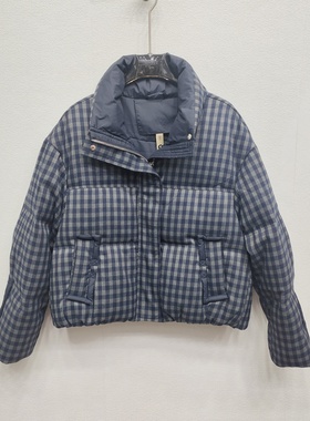 MJ25B09冬款羽绒服设计感格子短装保暖白鸭绒外套女士宽松深蓝色