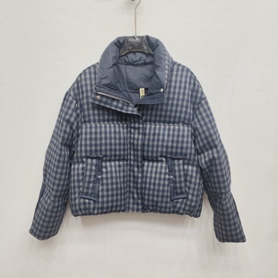 MJ25B09冬款羽绒服设计感格子短装保暖白鸭绒外套女士宽松深蓝色