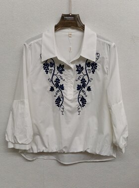 MJ26A25纯色刺绣棉衬衫灯笼袖气质减龄遮肚洋气女士百搭春款小衫