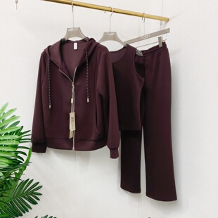 三件套大码 连帽拉链外套背心长裤 穿搭 女春季 BB26A56休闲运动套装