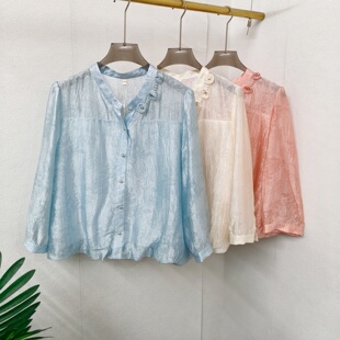 春季 女款 舒适衬衫 时尚 玫瑰花修饰遮肚七分袖 MJ26A08醋酸纤维小衫