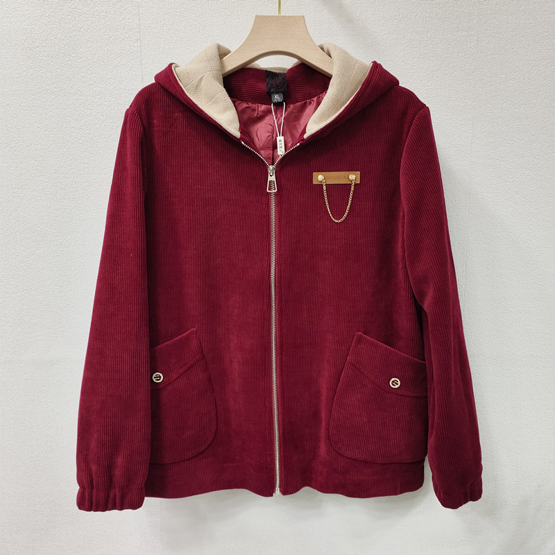 短款连帽妈妈外套春秋夹克灯芯绒