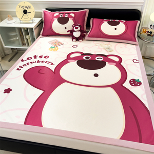 ins网红卡通迪士尼草莓熊冰丝凉席三件套凉感空调软席床笠款夏季