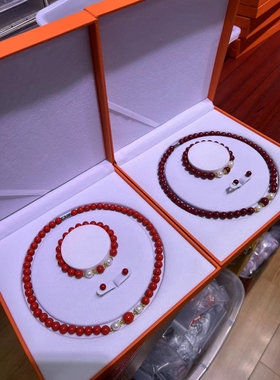 新款项链朱砂三件套装女款耳环贝珠气质手链母亲节女神节送长辈礼