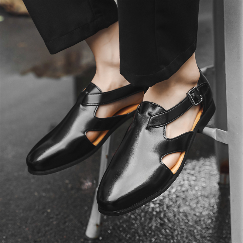 复古怀旧风夏季透气皮鞋男凉鞋搭扣罗马鞋包头鞋休闲罗马凉鞋夏天