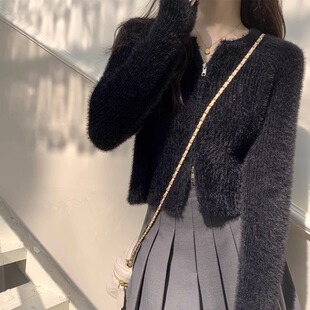 2026新款马海毛短款拉链开衫毛衣女装秋冬仿水貂绒长袖针织衫上衣