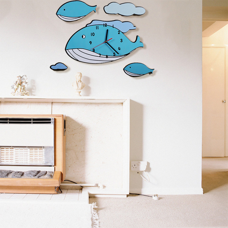 鲸鱼鲲立体墙贴卡通鲸鱼挂钟表 客厅卧室装饰创意静音石英钟时钟