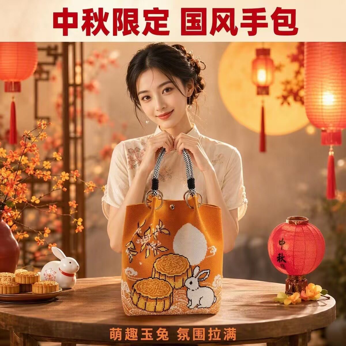 中秋国风针织手提包玉兔月饼图案礼品手拎袋企业节日伴手礼袋