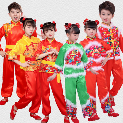 儿童打鼓服演出服女童喜庆秧歌服舞蹈服说唱中国红演出服腰鼓服装