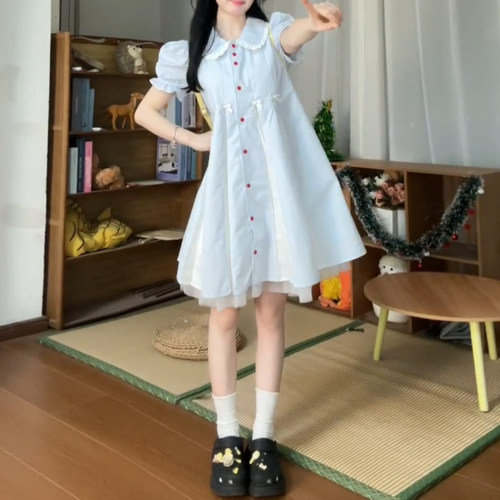 法式蓝色娃娃领小个子连衣裙