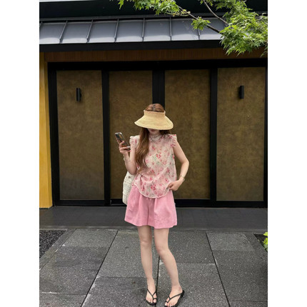 复古碎花小飞袖上衣女夏木耳领宽松显瘦文艺风无袖衬衫短款两件套