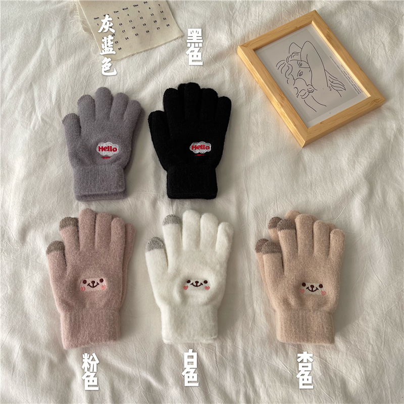 韩国ins笑脸刺绣加绒加厚保暖骑车写字手套五指手套触屏手套女男