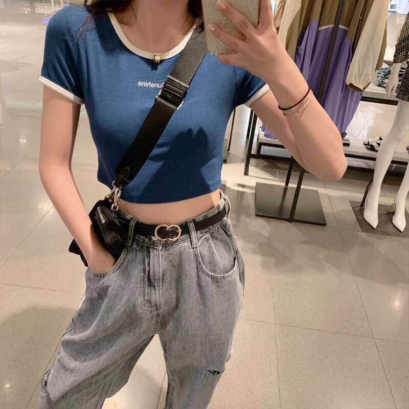 短款高腰显高露脐短袖t恤女