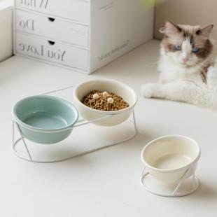 陶瓷斜口宠物双碗护颈椎猫碗猫咪食盆高脚防打翻大容量饮水碗粮碗
